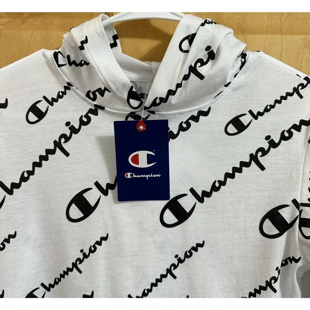 NWT, Boys CHAMPION White Hooded Long Sleeve Pullover Shirt Size Large, Logo